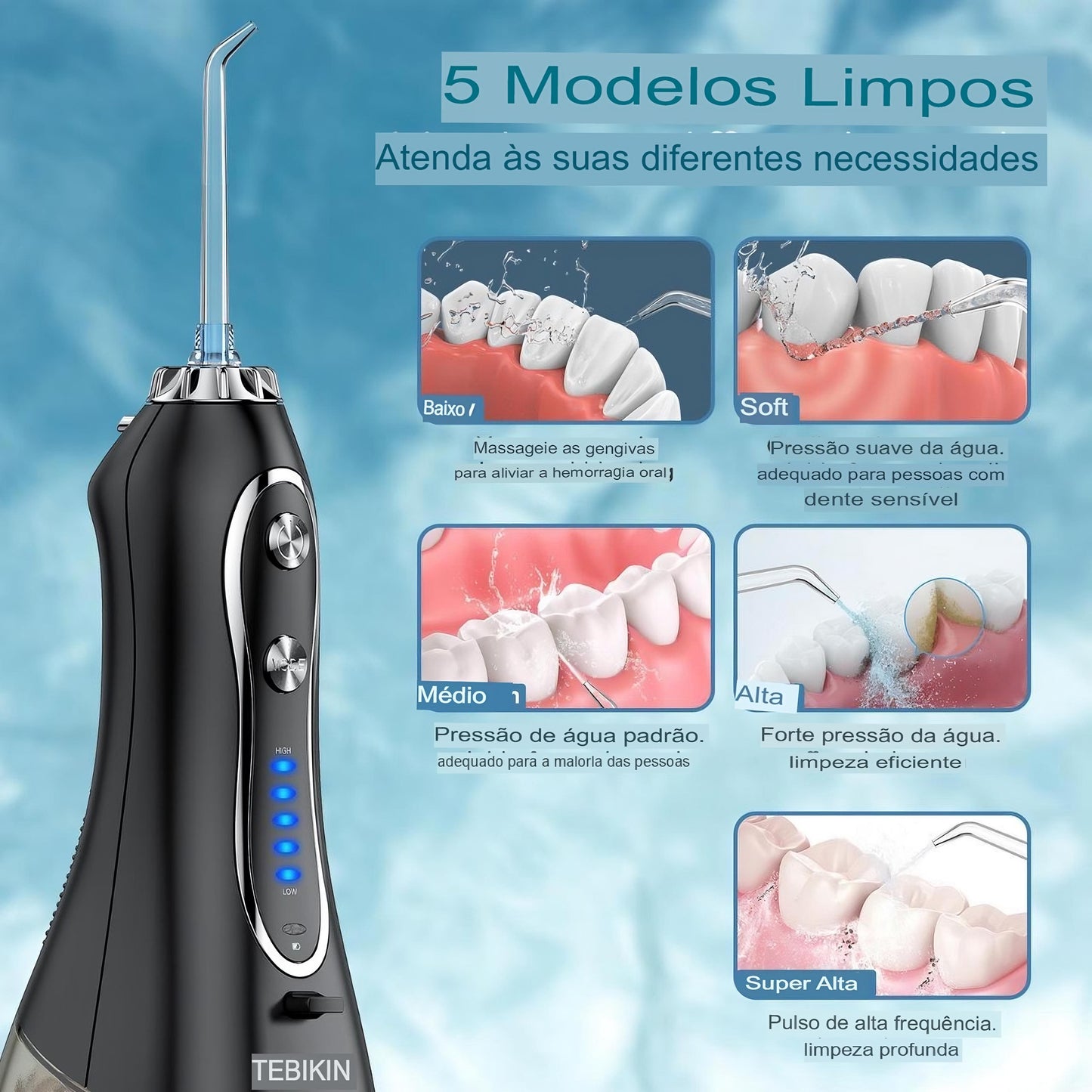 Limpador de Dentes Elétrico para Viagem em Casa 5 Modos.