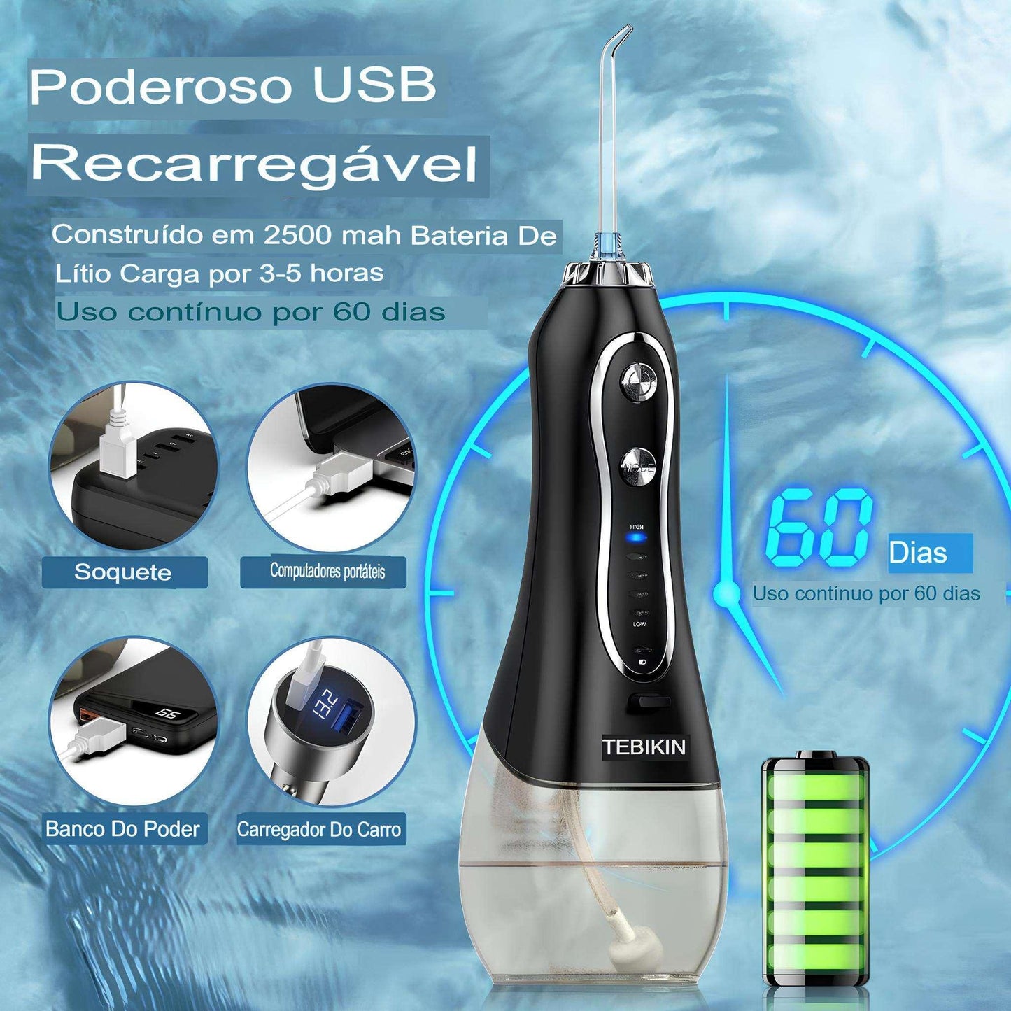 Limpador de Dentes Elétrico para Viagem em Casa 5 Modos.