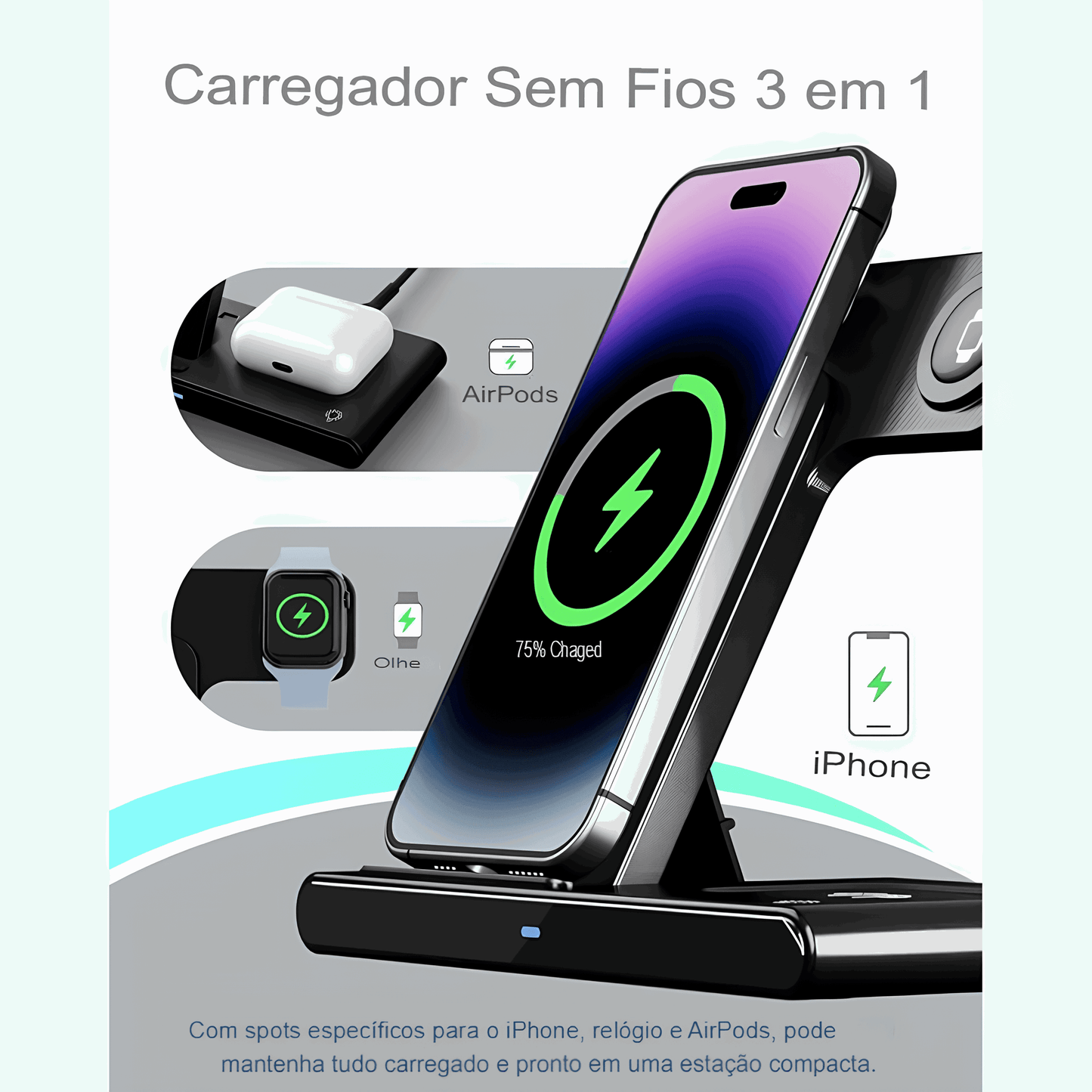 Estação de Carregamento Sem Fio Premium 3 em 1 para Apple
