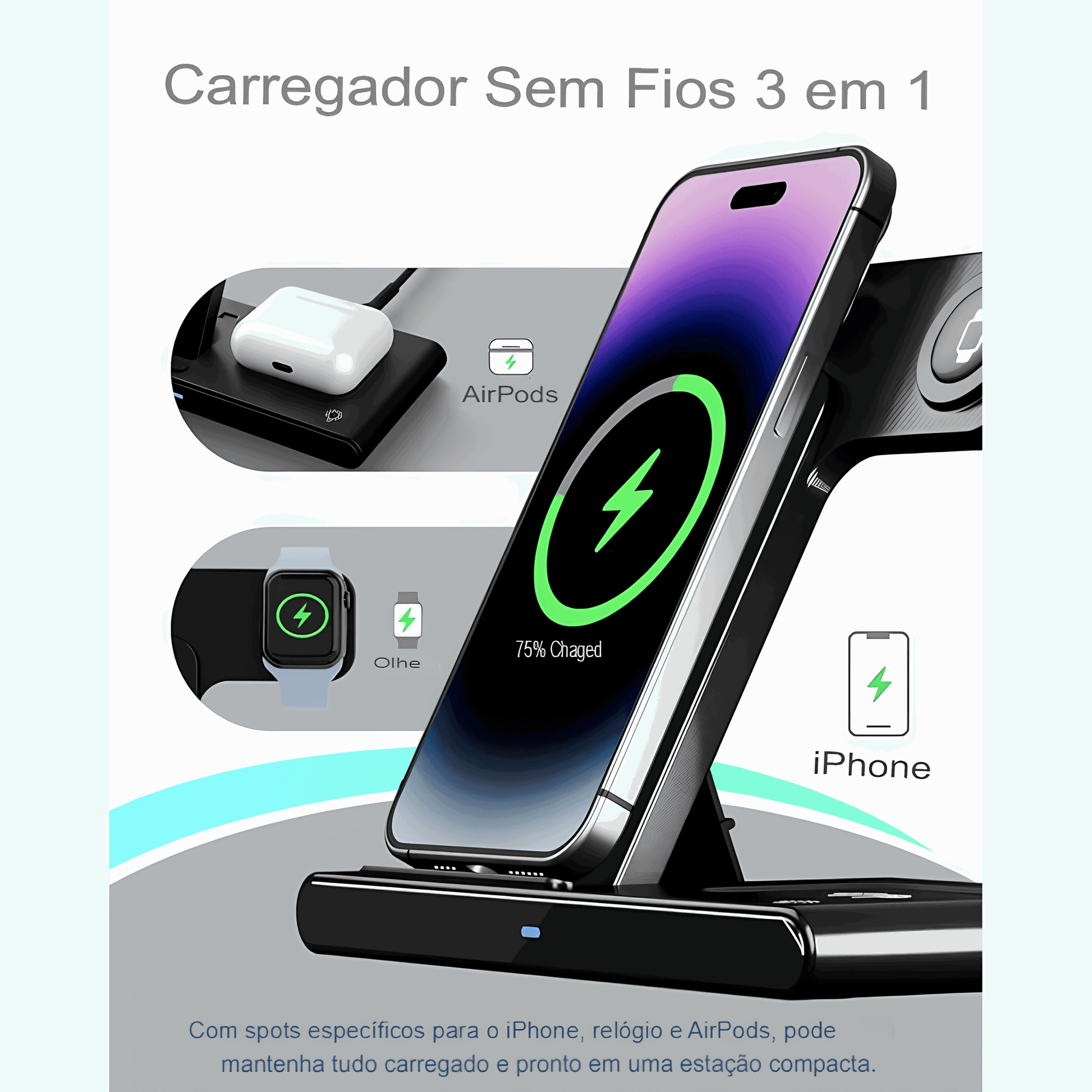 Estação de Carregamento Sem Fio Premium 3 em 1 para Apple