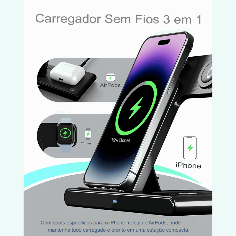 Estação de Carregamento Sem Fio Premium 3 em 1 para Apple - Lojeri