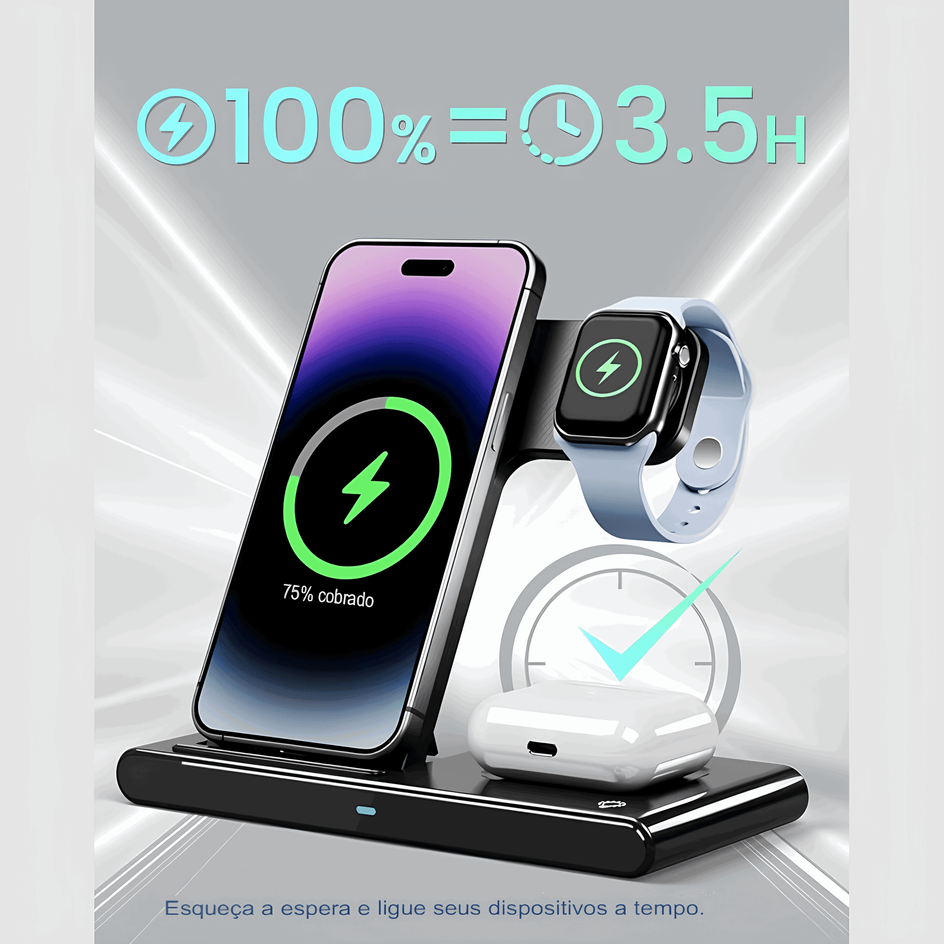 Estação de Carregamento Sem Fio Premium 3 em 1 para Apple