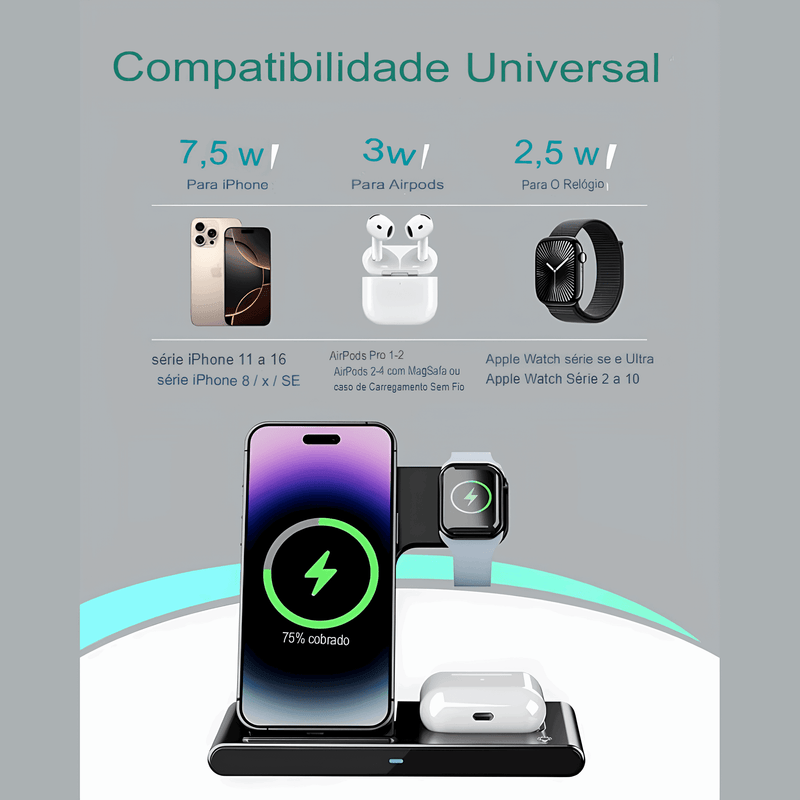 Estação de Carregamento Sem Fio Premium 3 em 1 para Apple - Lojeri