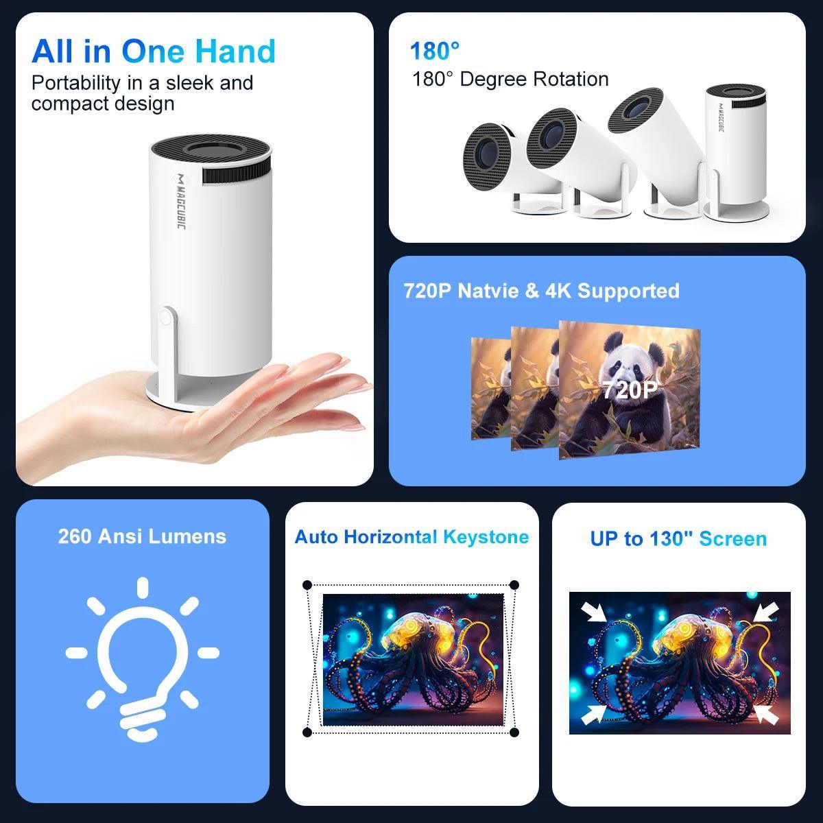 Projetor Cinema Portátil 4K com Android 11 e Wi-Fi.